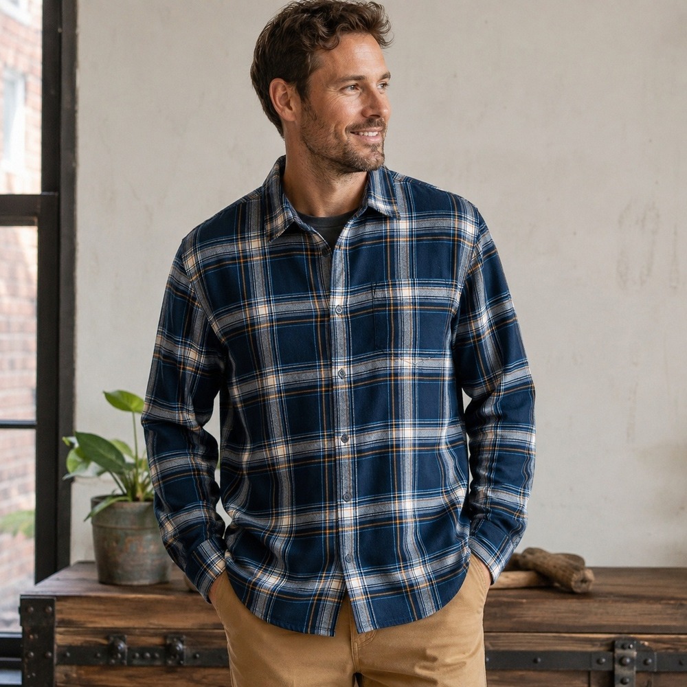 prAna Mens Large Plaid Flannel Shirt Navy Blue Organic Cotton Blend Trail Hiking